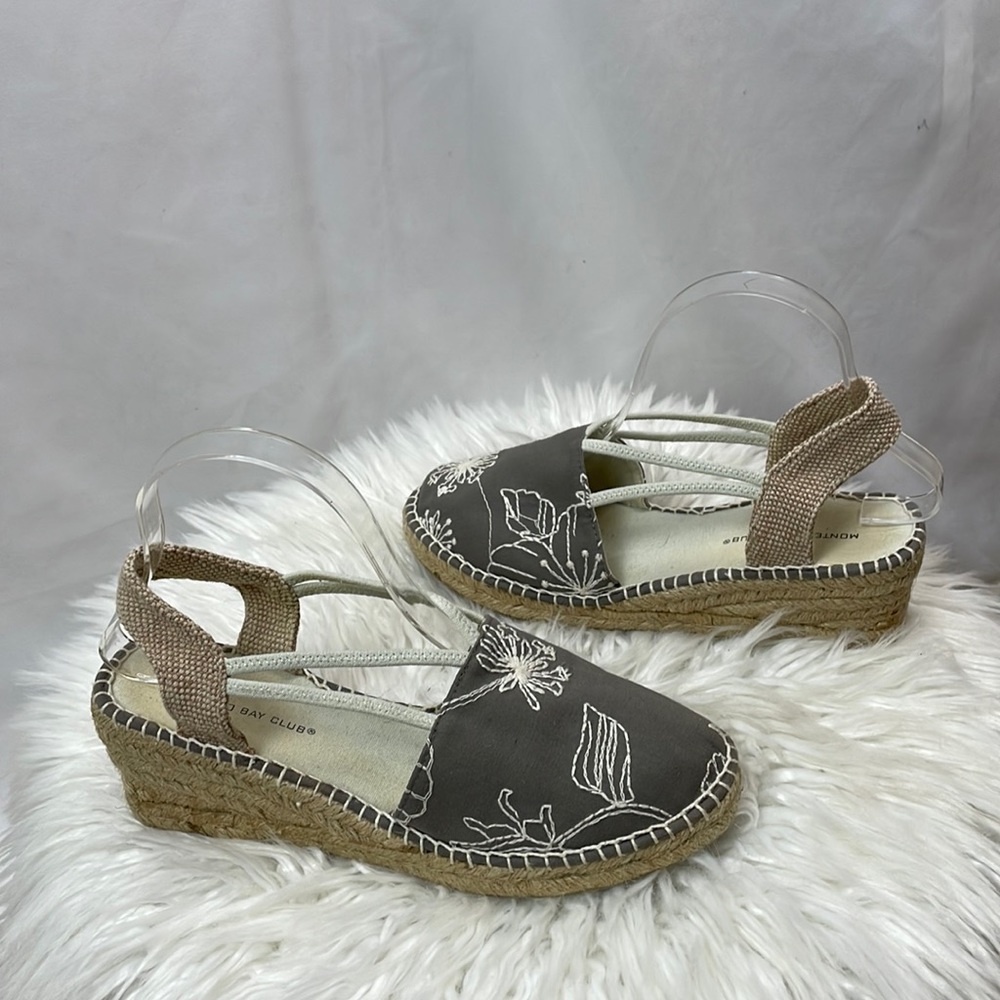Montego Bay Club Neutral Tan and Cream Embroidered Wedge Espadrilles, Size 8
